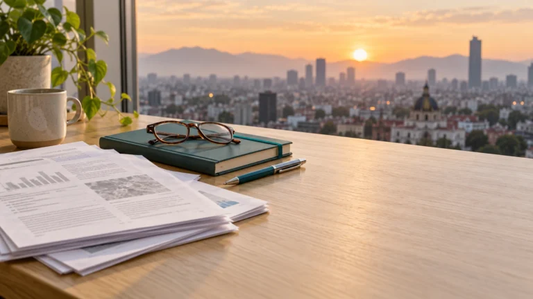 Research papers on heroin recovery rates stacked on a desk, Mexico City skyline