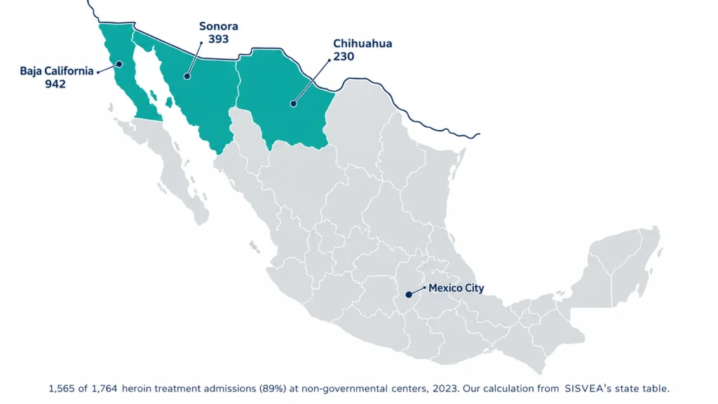 Map of Mexico: 89% of 2023 heroin treatment admissions were in Baja California, Sonora and Chihuahua