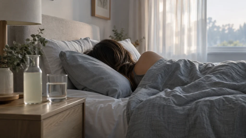 Person resting in bed with water and an electrolyte drink during the first days of heroin withdrawal