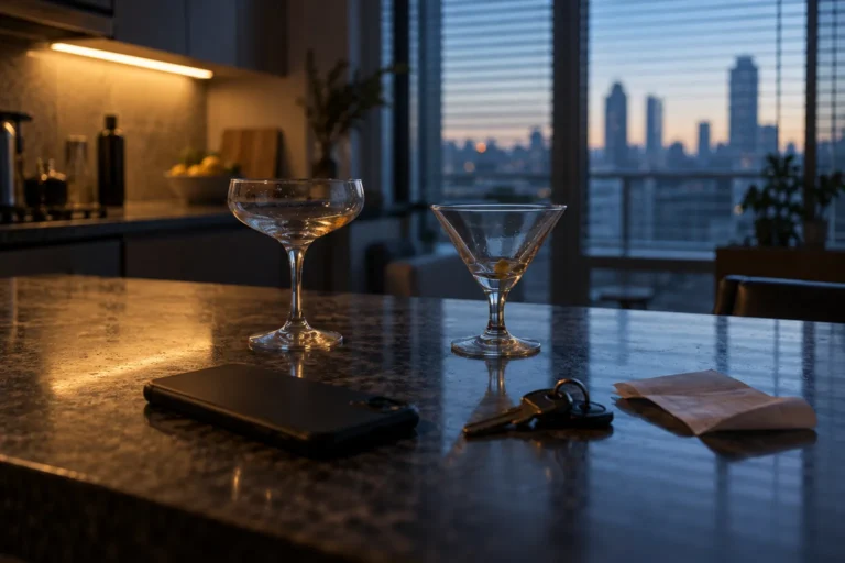 Kitchen counter at dawn after a night out, a quiet scene for how casual cocaine use turns into dependence