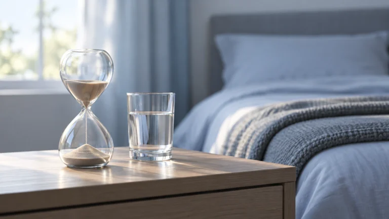 Hourglass on a bedside table beside a made bed, illustrating how long heroin detox takes