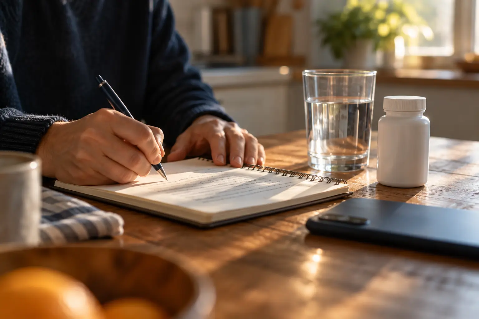 Hands writing a plan to overcome alcohol addiction at a kitchen table beside a glass of water