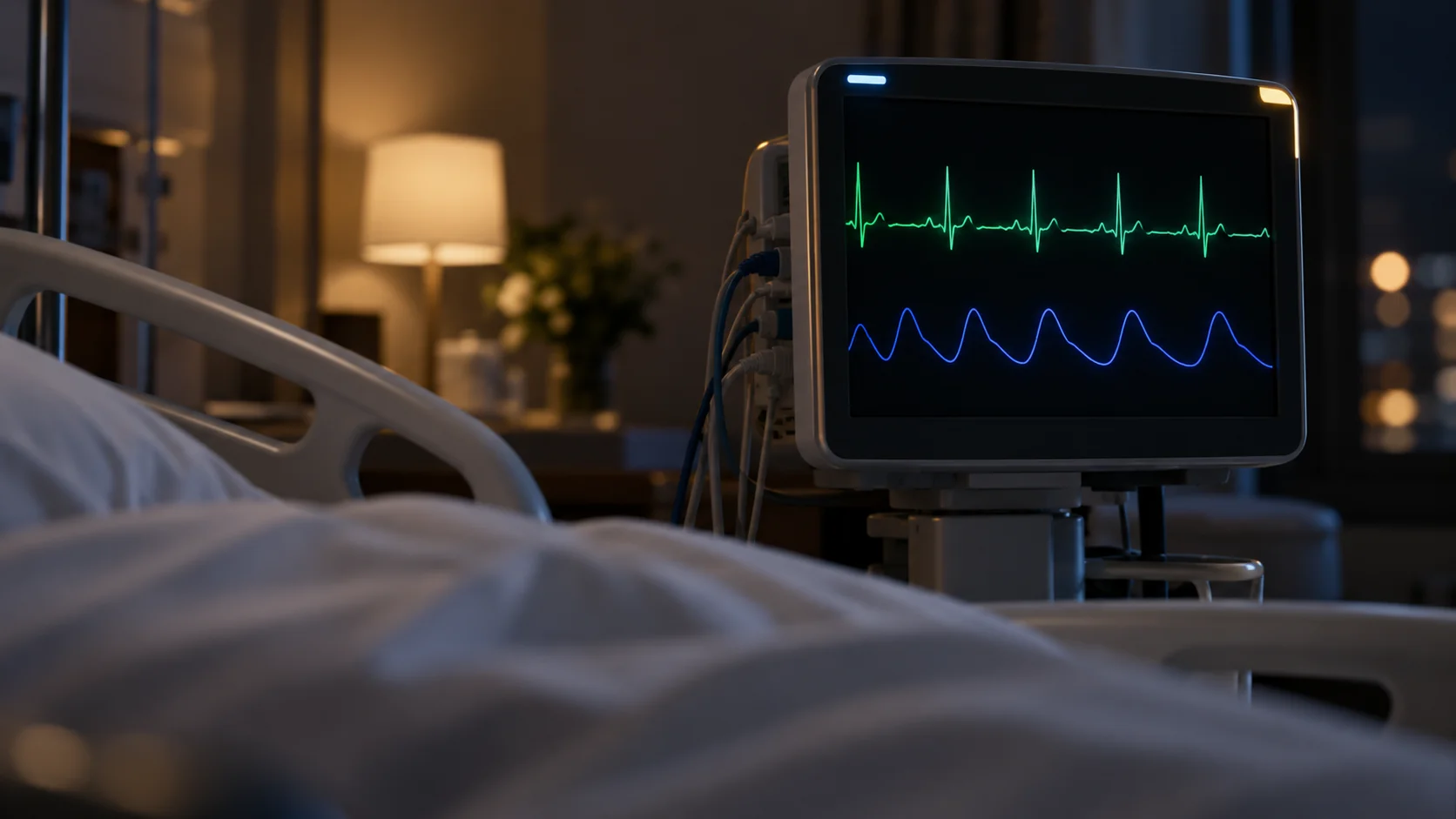 Bedside ECG monitor at night, tracking the heart rhythm change that can last a day or more after ibogaine