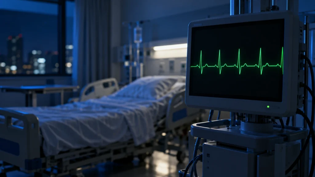 Bedside heart monitor showing an EKG trace at night, the kind of monitoring used during ibogaine treatment