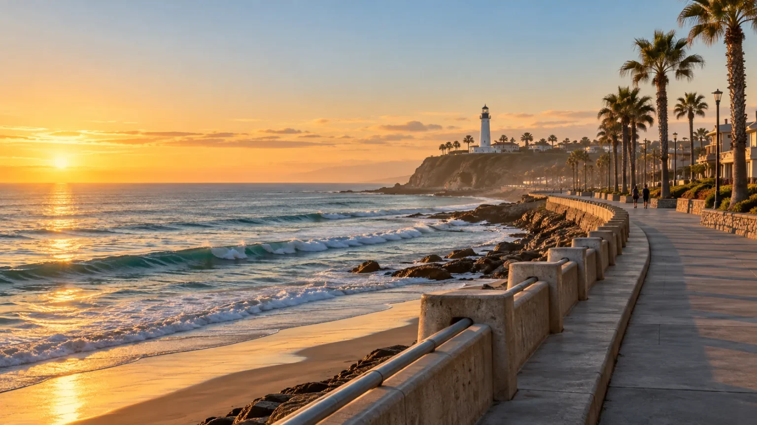 Seafront boardwalk with palm trees and a lighthouse on the cliffs at sunset in Playas de Tijuana, Baja California
