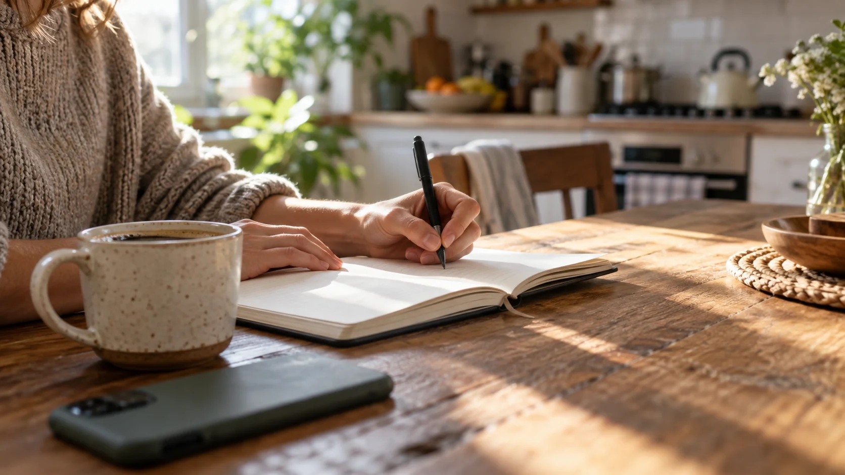Hands writing in a notebook at a kitchen table, the daily work at home after ibogaine treatment
