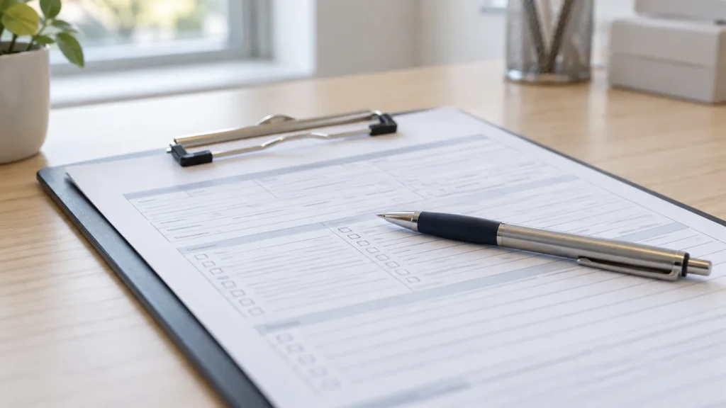 Photorealistic close-up of a clipboard holding a blank medical intake form on a light wooden desk, a ballpoint pen resting across it, soft daylight from a window, shallow depth of field so the form's lines show but no words are legible, neutral clinic tones, no people, no logos, no drugs, 16:9.
