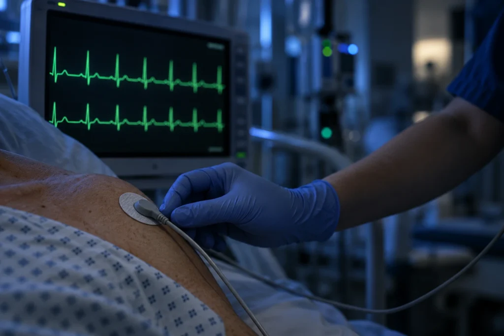 Nurse checking EKG leads on a cardiac monitor