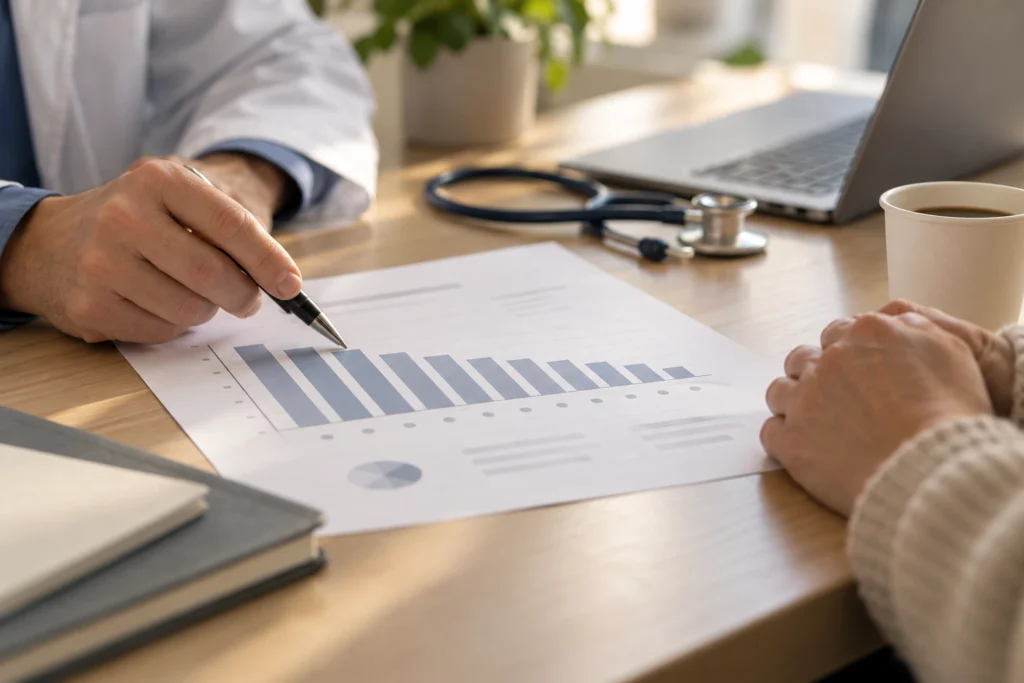 Clinician and patient reviewing a slow methadone taper schedule at a clinic desk