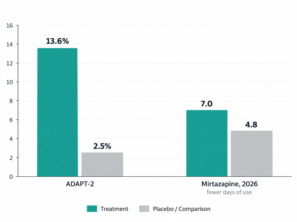 Chart of medication trials for methamphetamine use disorder: 13.6% vs 2.5% with bupropion and naltrexone 