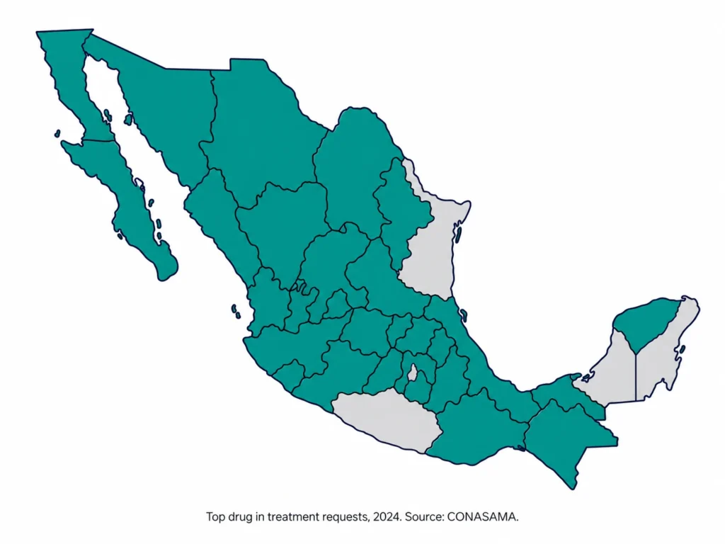 Map of Mexico: meth and other stimulants were the top drug in treatment in 27 of 32 federal entities in 2024