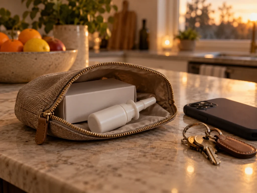 Naloxone nasal spray kit on a kitchen counter
