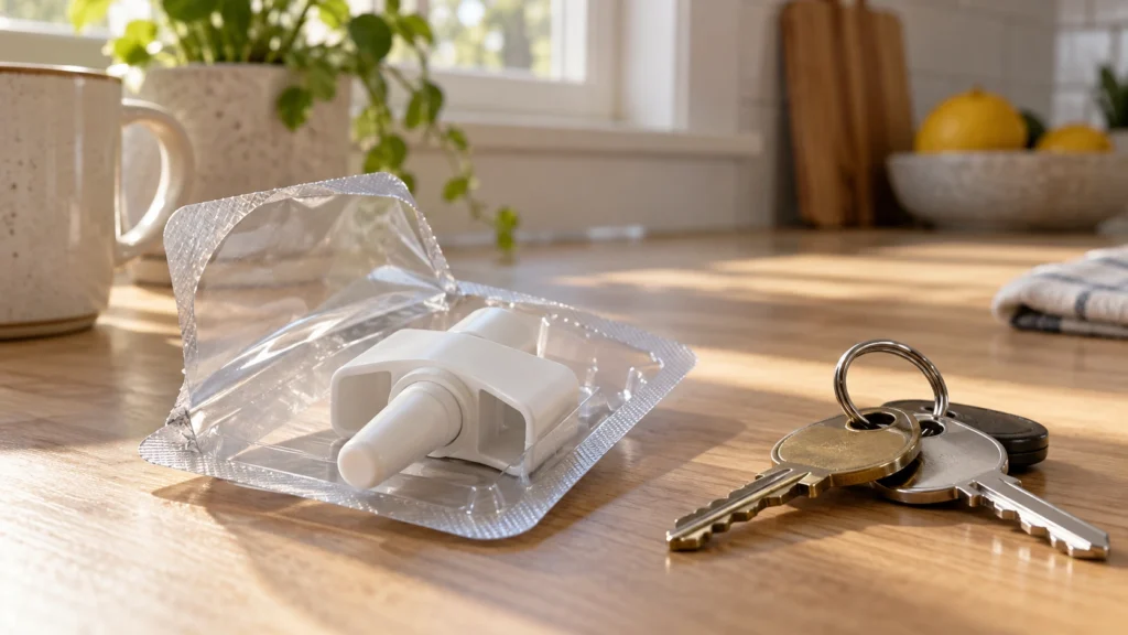 Naloxone nasal spray on a kitchen counter, kept ready in case of overdose after heroin detox