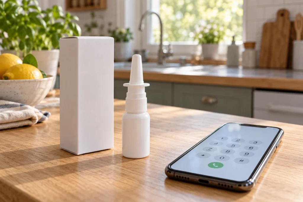 Unbranded naloxone nasal spray on a kitchen counter next to a phone, ready for an opioid overdose emergency