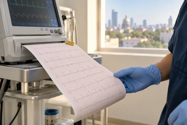 12-lead EKG printout from a cardiac monitor in a clinic room with a city view