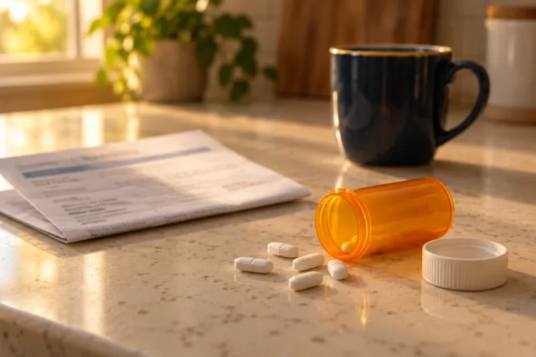 Leftover prescription opioids on a kitchen counter, where opioid addiction can begin