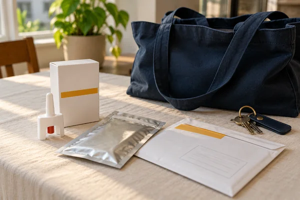 Naloxone nasal spray, a drug disposal pouch and a mail-back envelope on a family table