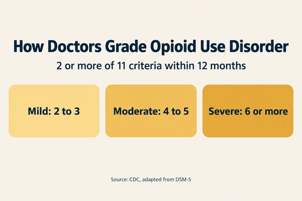 Infographic showing how doctors grade opioid addiction as mild, moderate or severe