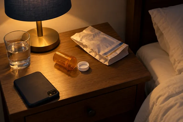 Empty prescription bottle on a nightstand, an early warning sign families notice