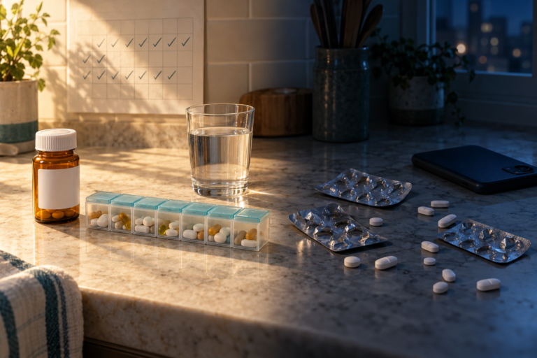 Prescribed pill routine in daylight beside scattered empty blister packs at night, showing opioid dependence vs addiction