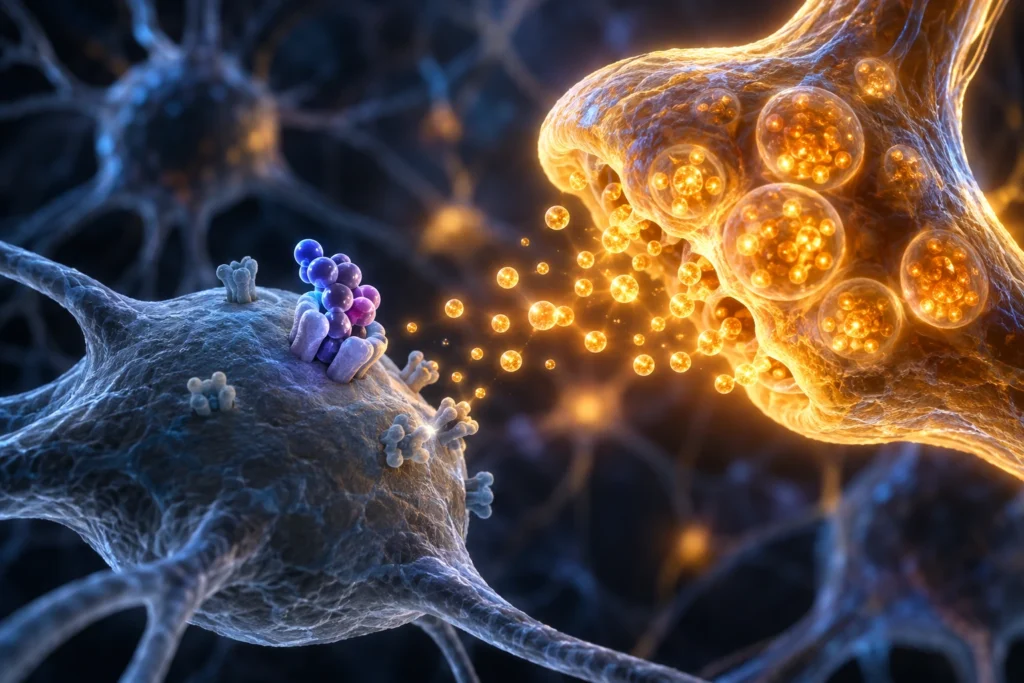 Opioid molecule binding a receptor and releasing the brake on a dopamine nerve cell in the brain