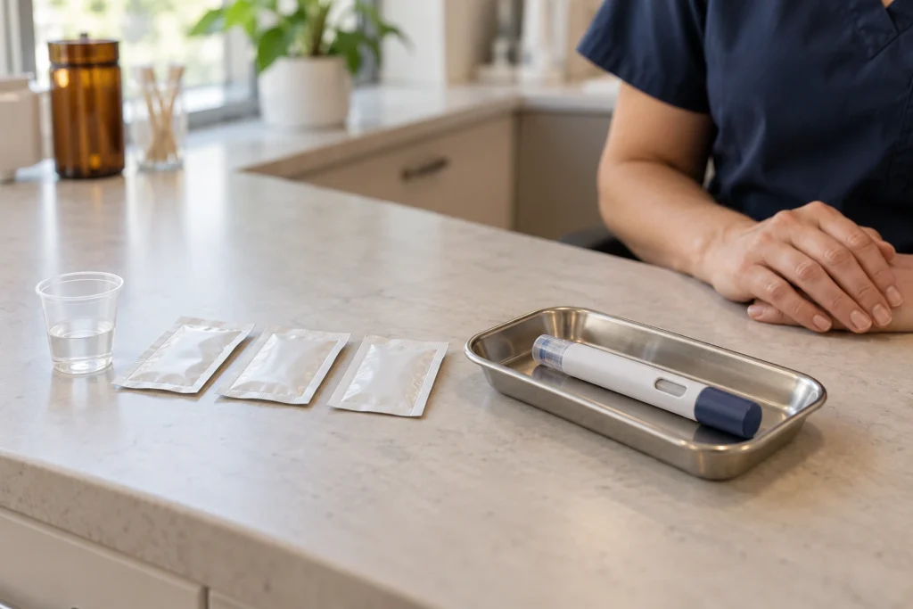 Opioid treatment medication on a clinic counter: a methadone dose cup, buprenorphine films and an injection pen