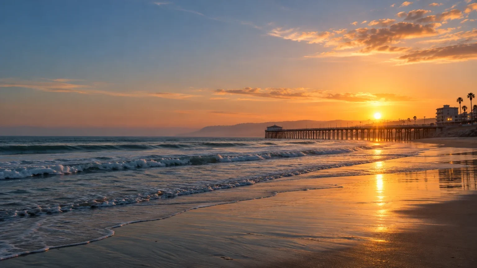 Rosarito Beach and its pier at sunset in Playas de Rosarito, Baja California, with waves on wide sand