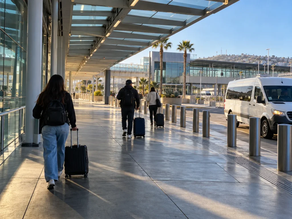 Travelers with rolling suitcases walking under a covered walkway at a border crossing terminal, with a white shuttle van at the curb
