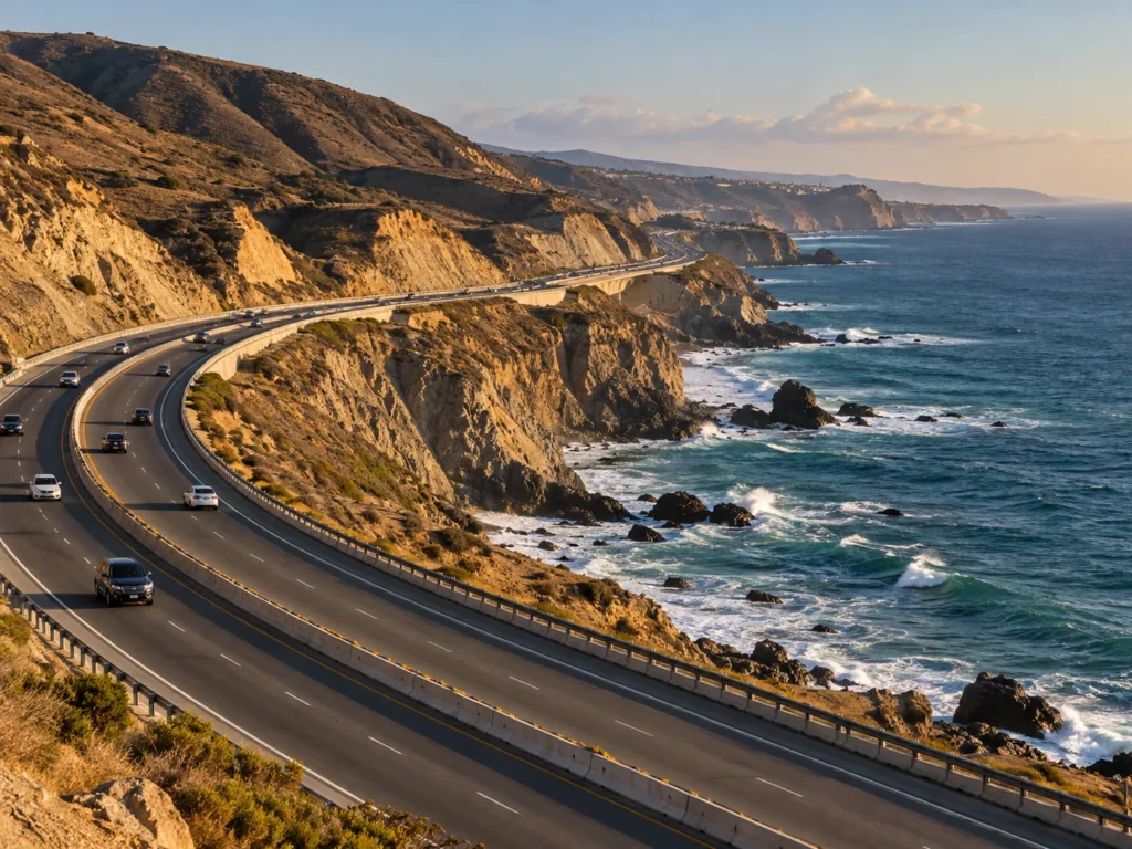 Scenic toll road 1D curving along Pacific cliffs north of Playas de Rosarito, Baja California, in late light