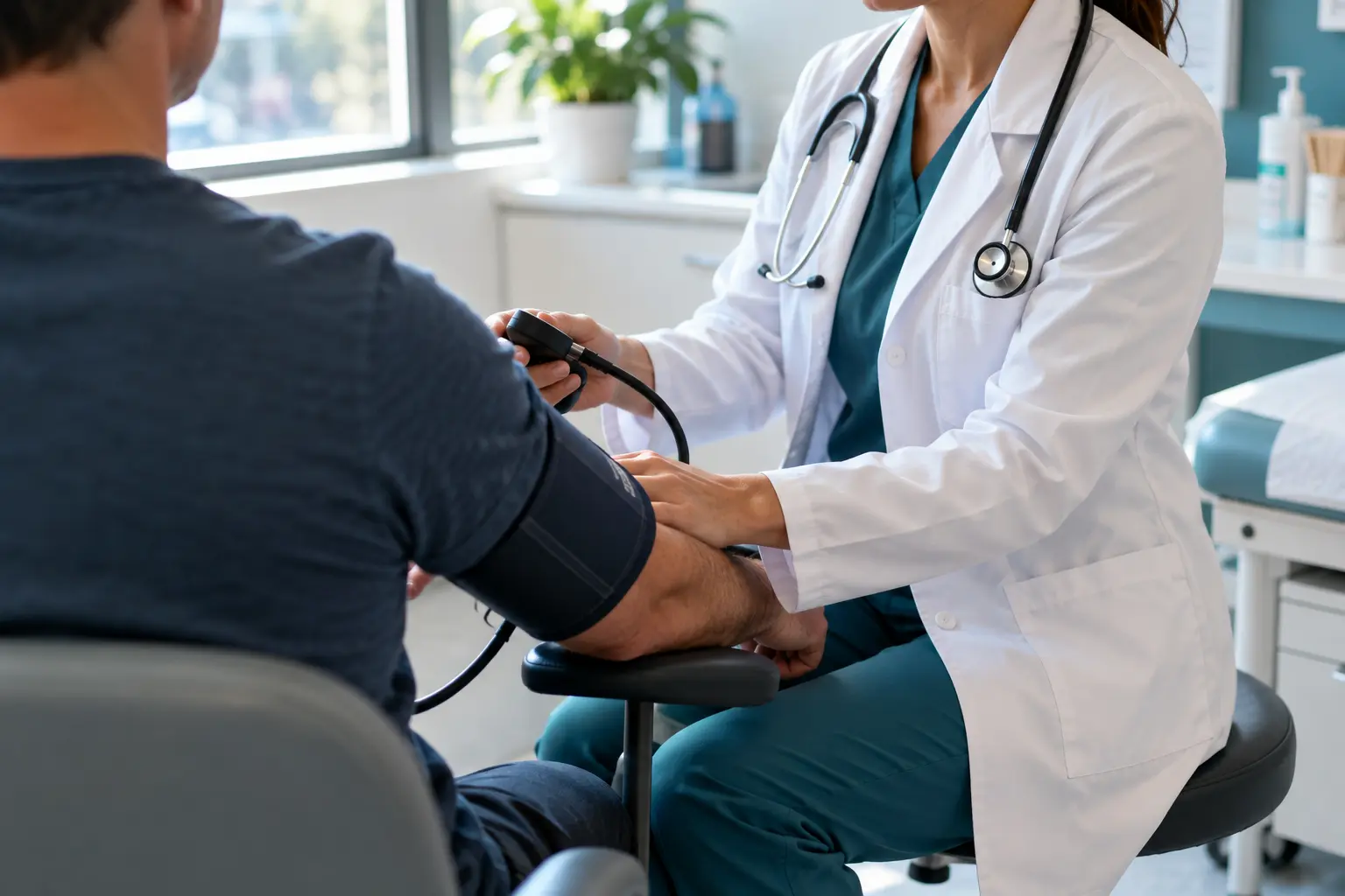 Doctor checking a patient's blood pressure before supervised alcohol withdrawal