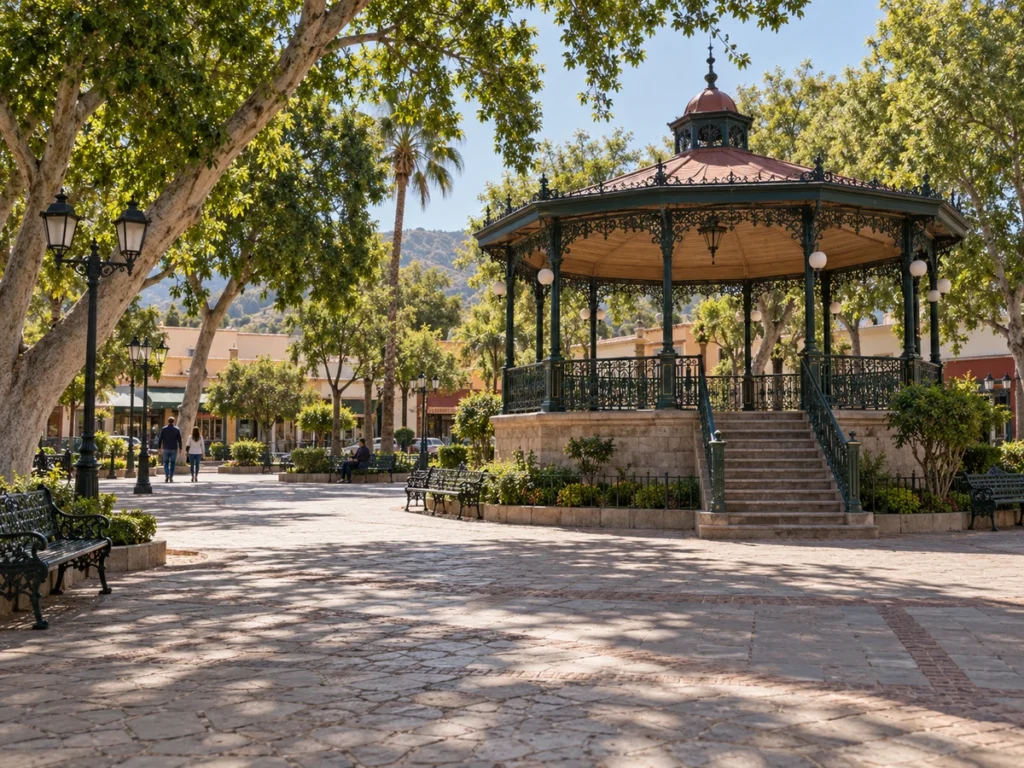 Kiosk and shade trees in Parque Miguel Hidalgo, the central plaza of Tecate, Baja California