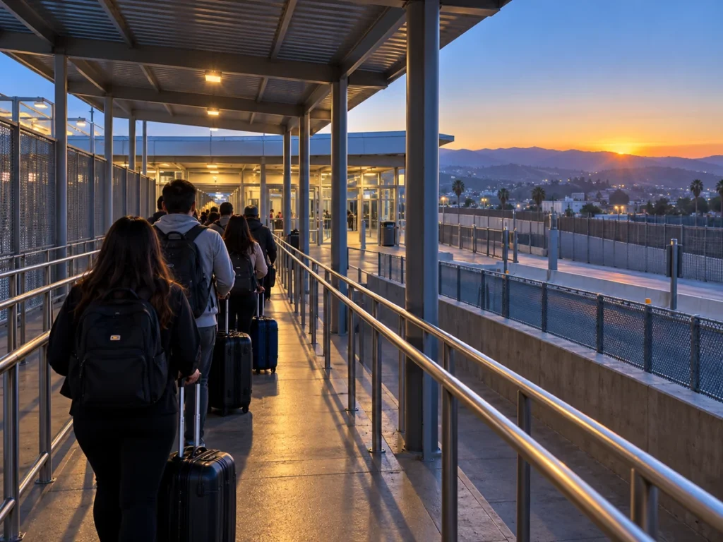 Travelers waiting at dawn outside the pedestrian entrance of the Tecate port of entry, Baja California
