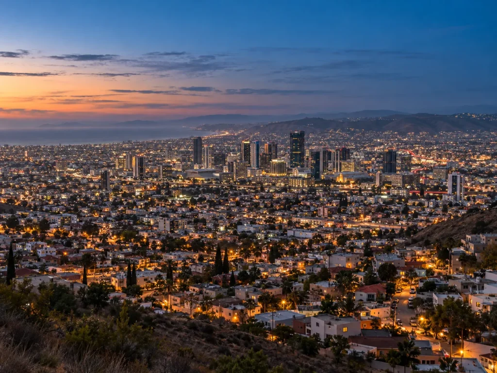 Tijuana, Baja California at dusk, with city lights spreading from the hills toward high-rise towers and the Pacific coast