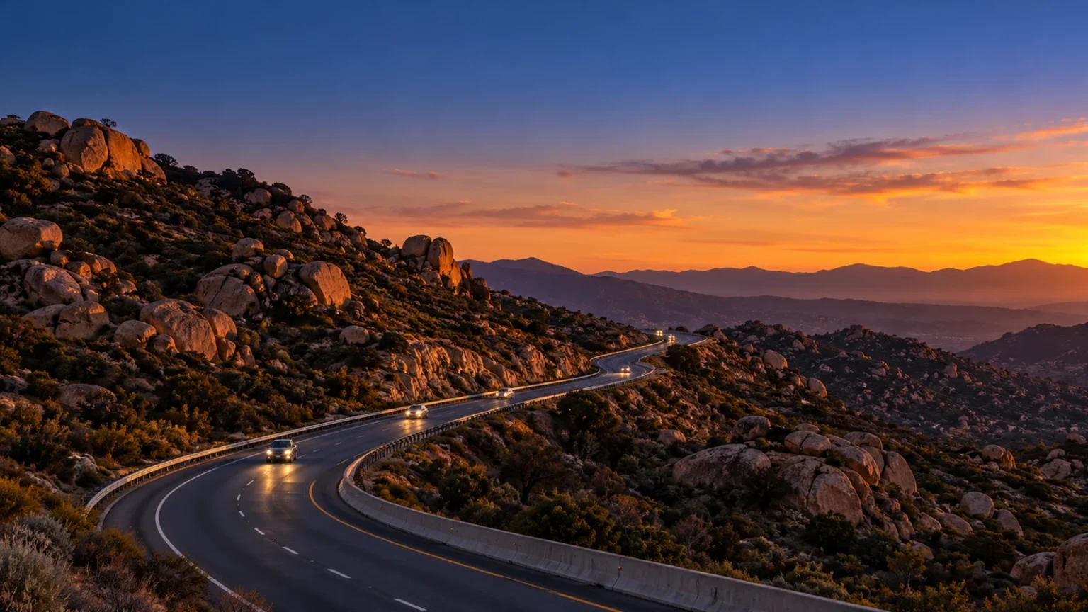 Federal Highway 2D toll road curving through granite boulder hills between Tijuana and Tecate at dusk