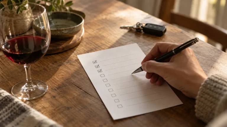 Hand ticking an alcohol addiction checklist on a kitchen table beside a glass of red wine