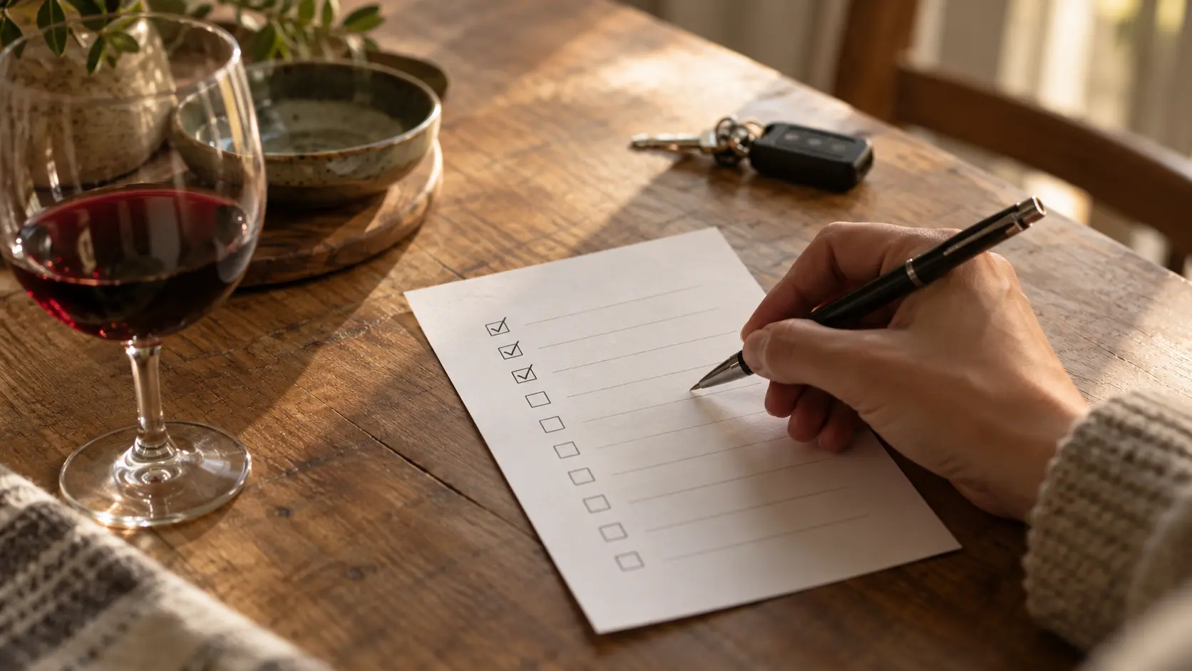 Hand ticking an alcohol addiction checklist on a kitchen table beside a glass of red wine