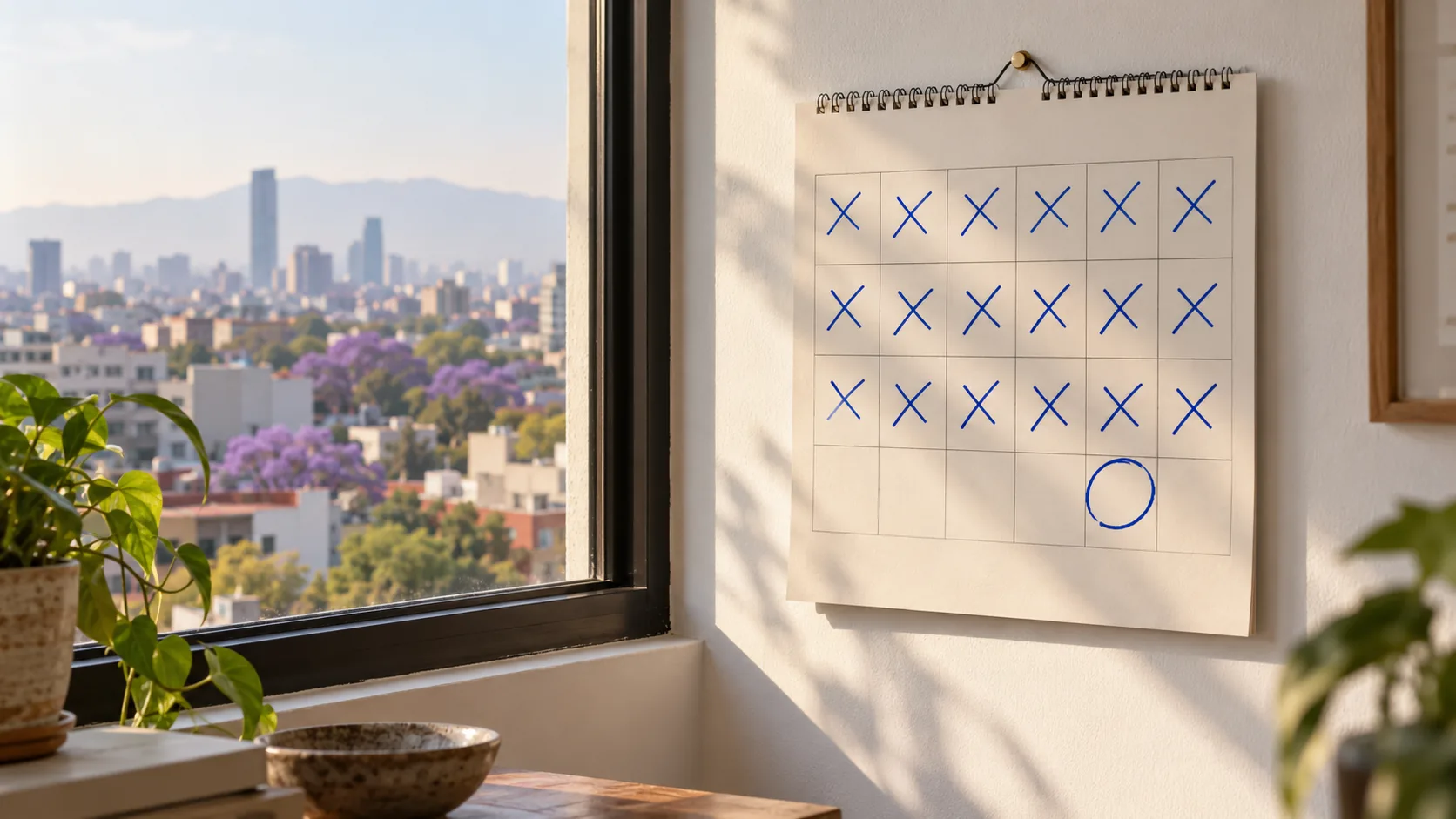 What is methamphetamine addiction recovery rate: a calendar of days without meth beside a Mexico City window