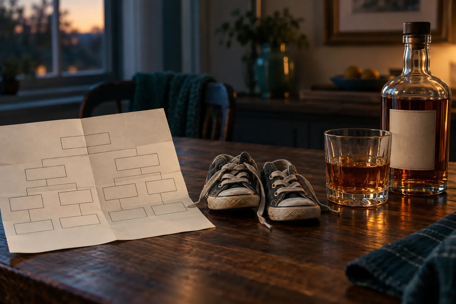 Family tree chart, child's sneakers and a glass of whiskey