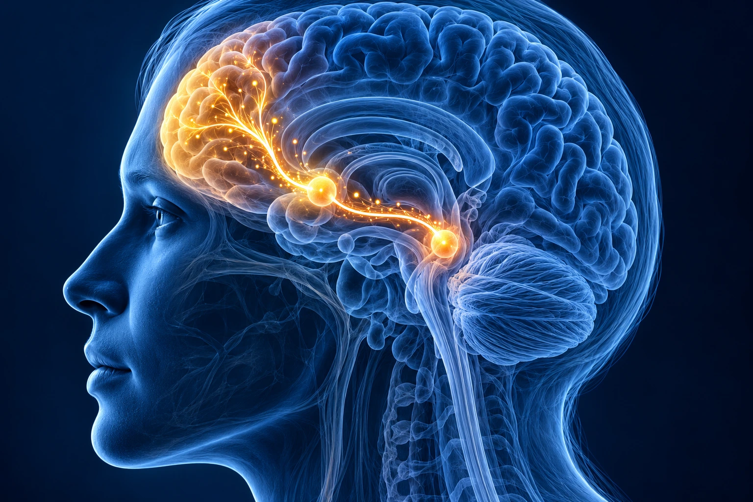 Illustration of the brain's reward pathway lit up, showing what makes opioids so addictive