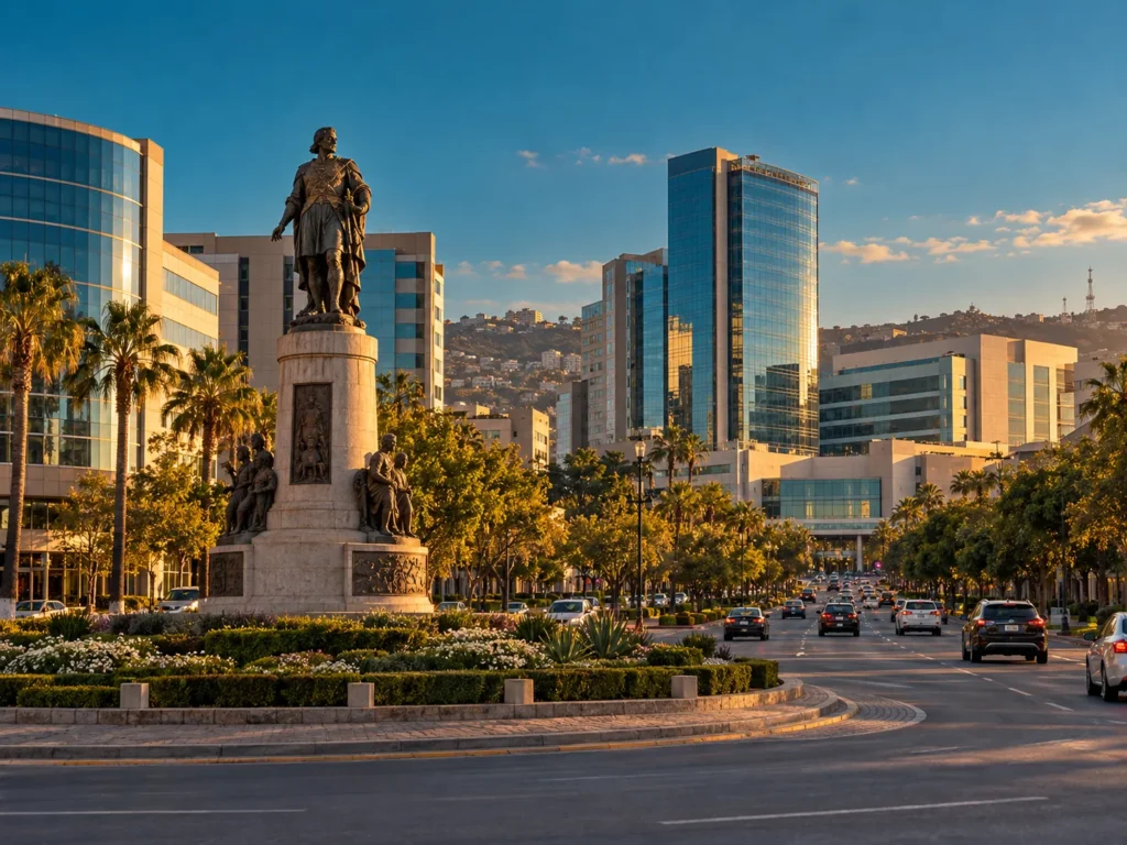 Monument on a palm-lined boulevard with glass office towers behind it in Zona Río, Tijuana